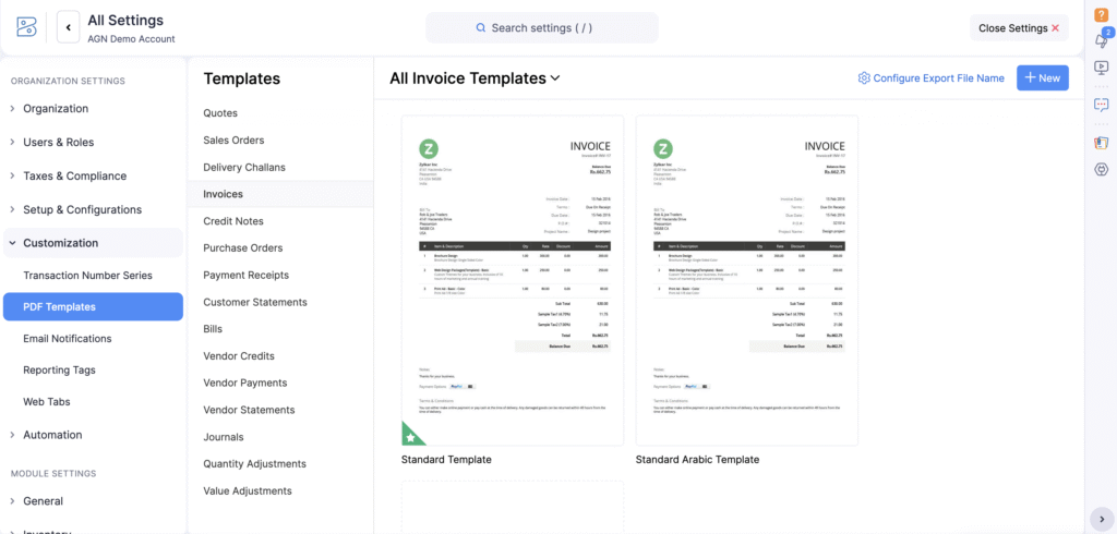 ZOHO Books allows Customizing PDF Templates