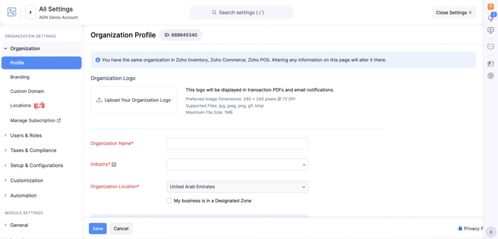 ZOHO Books Organization Setup