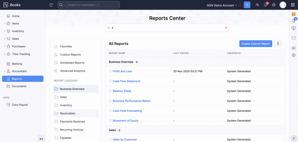 ZOHO Books Reports & Scheduling