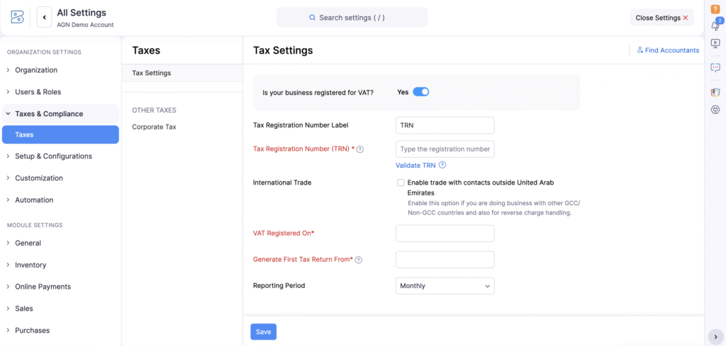 ZOHO Books Tax Set up