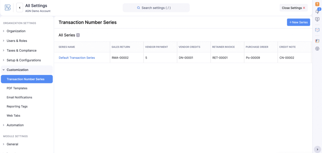 ZOHO Books Transaction Numbering