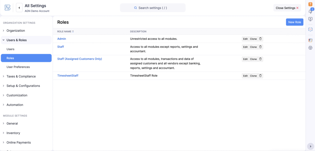 ZOHO Books User Roles & Permissions